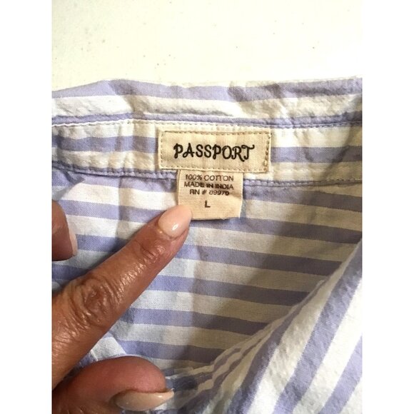 PASSAPORT- WOMENS BLUE/WHITE STRIPE FRONT EMBROIDER LONG SLEEVE 100% COTTON SZ L - Picture 4 of 7